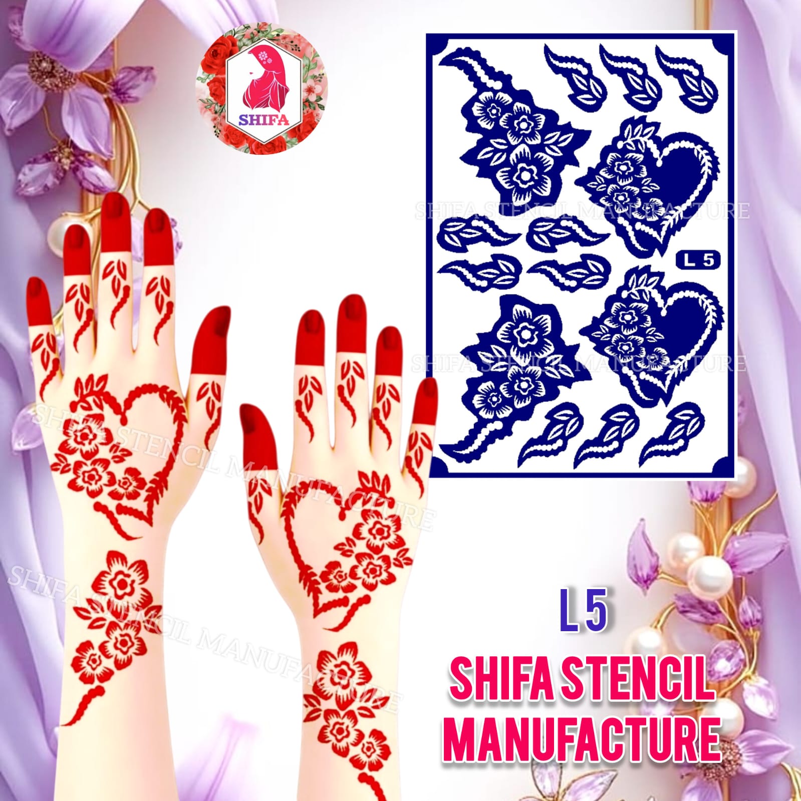 L5 – Floral Heart Grace Sticker Overview Henna Stencil - Shifa Stencil